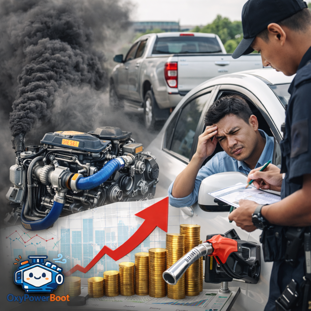ภาพประกอบเกี่ยวกับ โดนตำรวจจับควันดำทำไงดี เช่น รถดีเซล เครื่องยนต์ หรือกราฟต้นทุนน้ำมัน