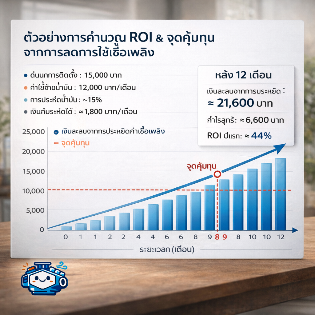 กราฟตัวอย่างการคำนวณ ROI และจุดคุ้มทุนจากการลดการใช้เชื้อเพลิง